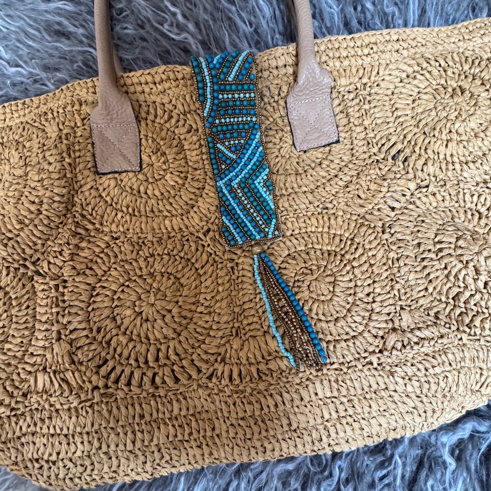 Gorgeous Raffia Beach Tote with Turquoise Beaded Closure and Fringe